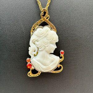 Stainless Steel Cameo Pendant Necklace Red-Orange Crystals Gold & Silver Tone
